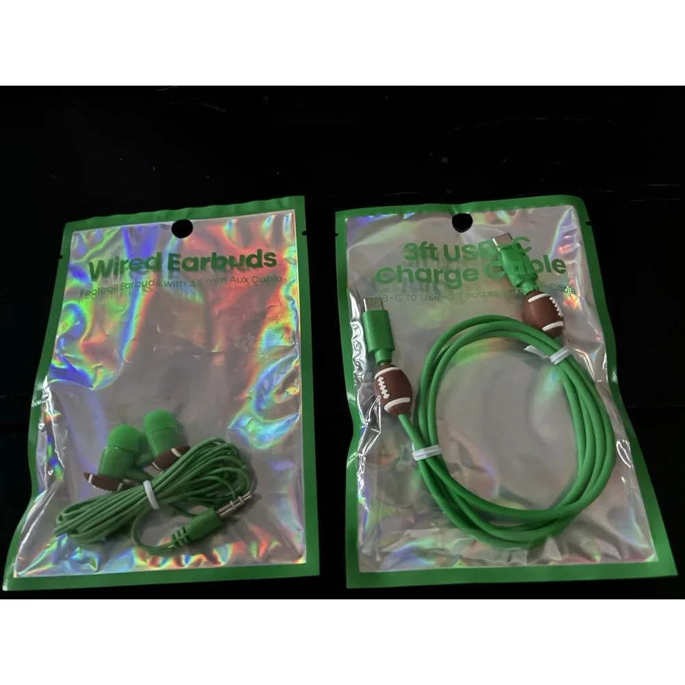 Football Charm 3ft USB-C Charging Cable & Wired Earbuds Green Sports
